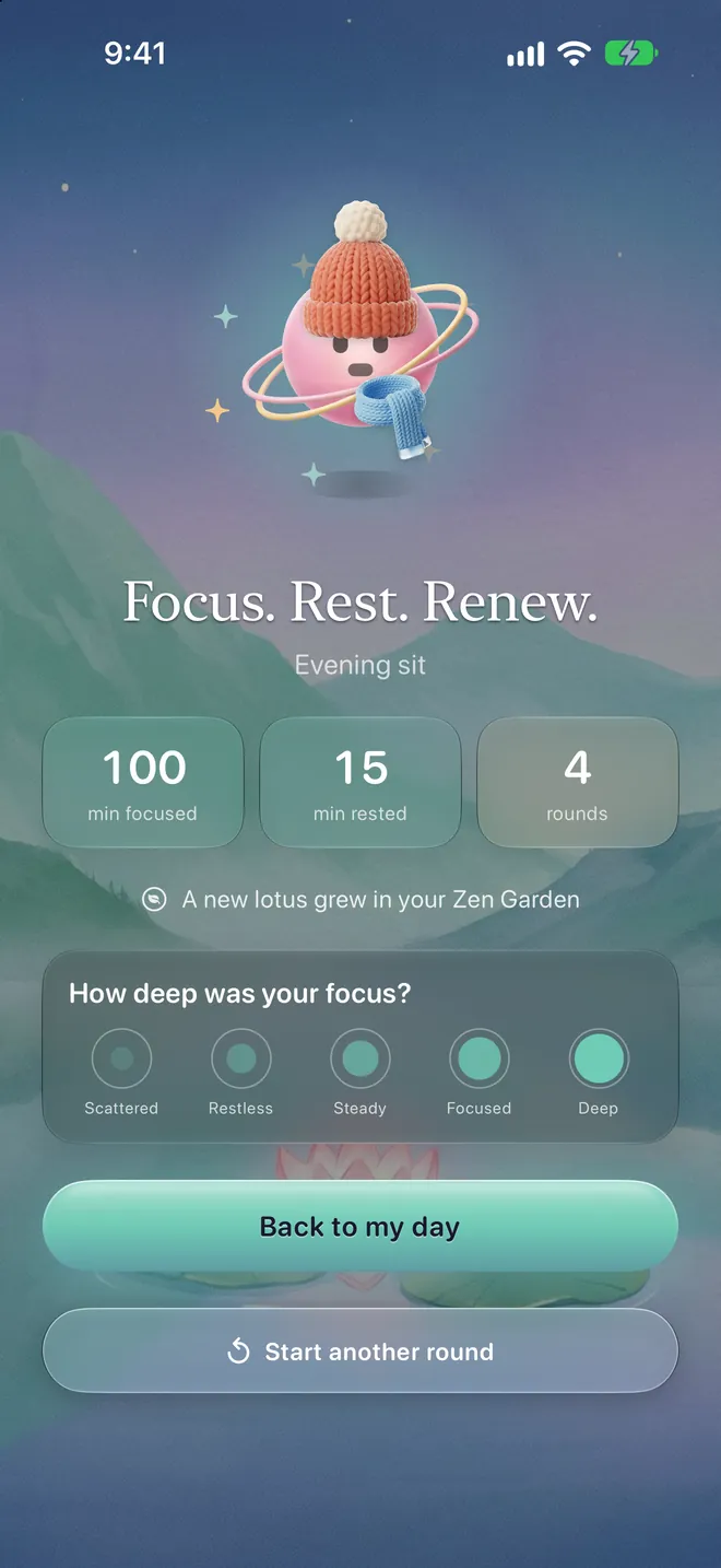 The session-complete screen: a new lotus grew in your Zen Garden